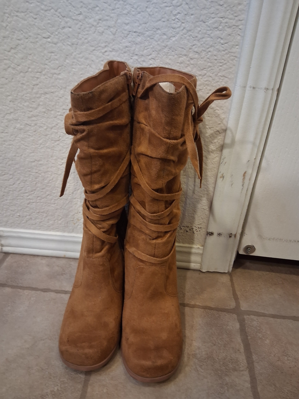 Faux Suede Mid-Calf Heeled Boots with Wrap Detail in Tan